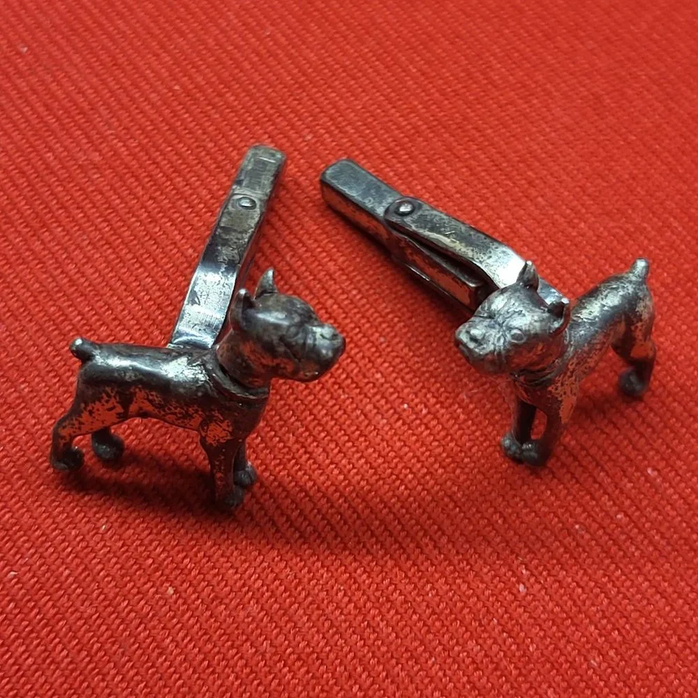 Vintage Signed Sterling Silver 3D Mechanics Heads Dog Cufflinks